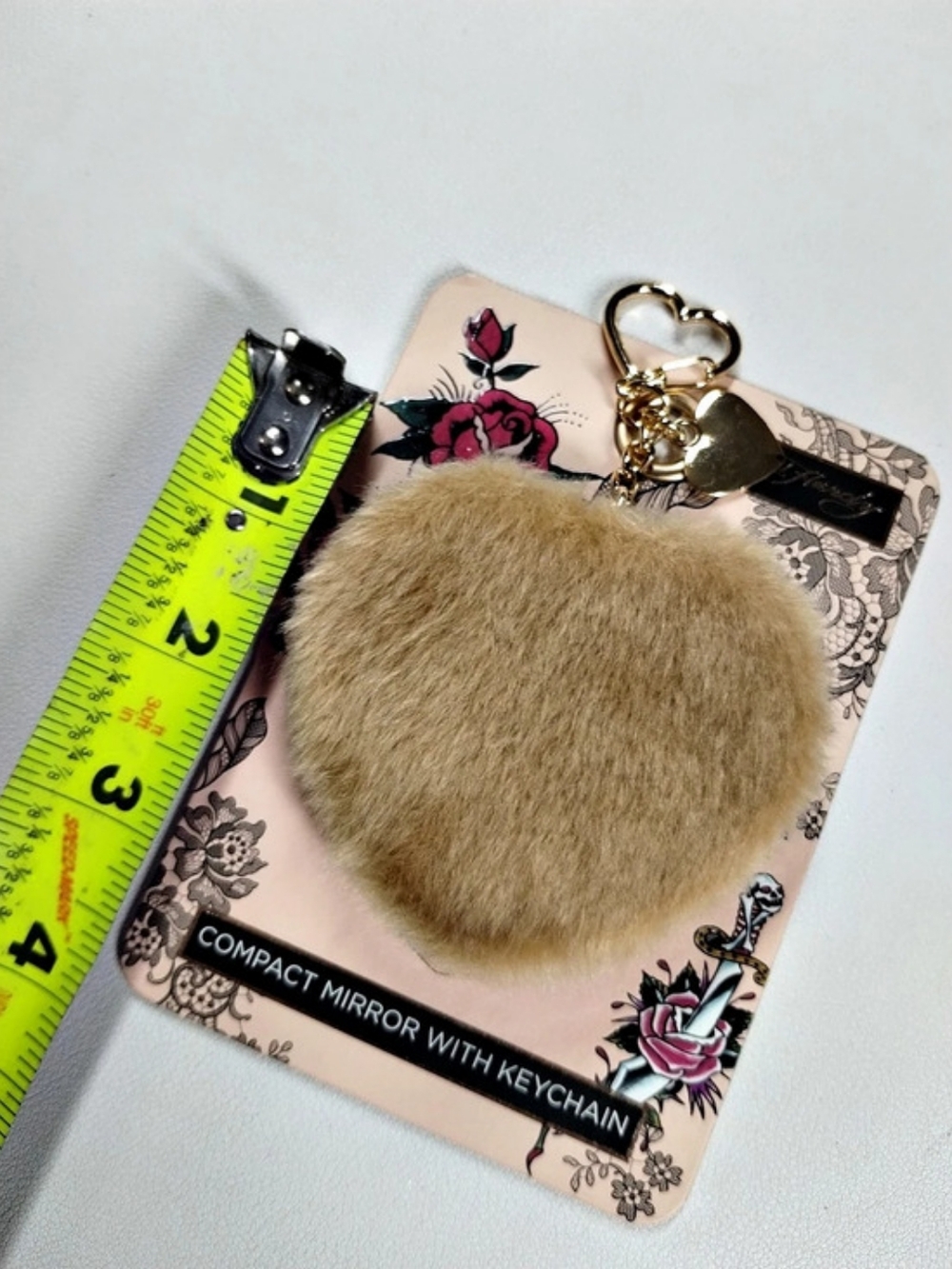 Ed Hardy Faux Fur Heart Compact Mirror Keychain Brown